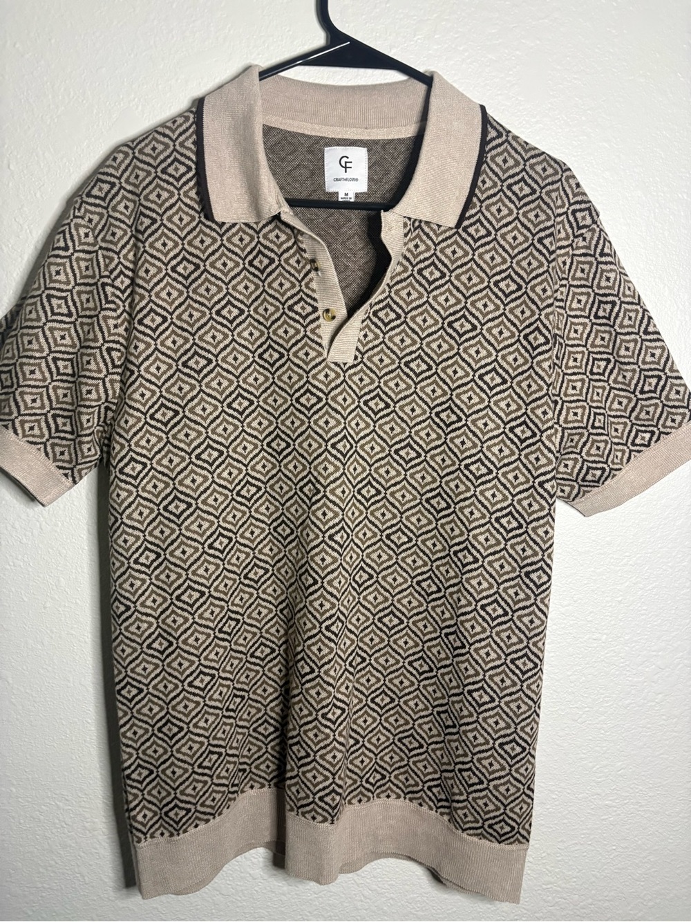 Craft & Flow Beige and Brown Geometric Retro Knit Polo